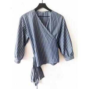 Everlane Blue and White Striped Wrap Blouse
